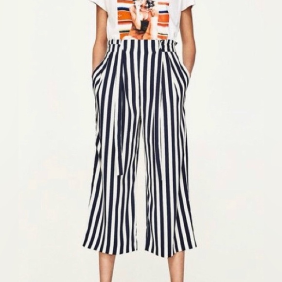 ZARA Navy and White stripe wide leg crop pants size S - Picture 1 of 12